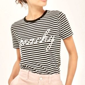 TOPSHOP Striped Tee, “Peachy” Graphic Text T-Shirt, Short Sleeves